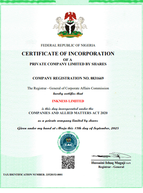 Certificate showing Inkness registration with the Corporate Affairs Commission